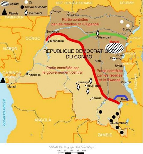 carte de partition et des enjeux miniers en République Démocratique du Congo illustration du pillage du coltan échappant au contrôle du pouvoir étatique en RDC