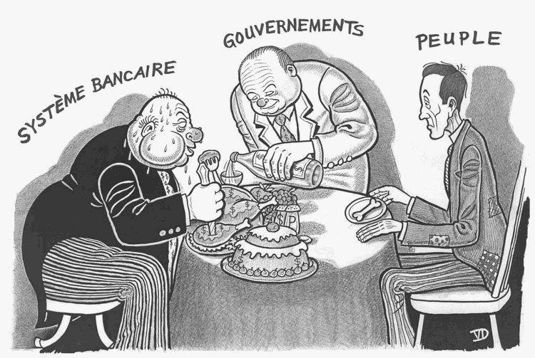 allégorie de l'exploitation capitaliste et de l'aliénation des peuples caricature de financier glouton et dorloté, faisant des misérables