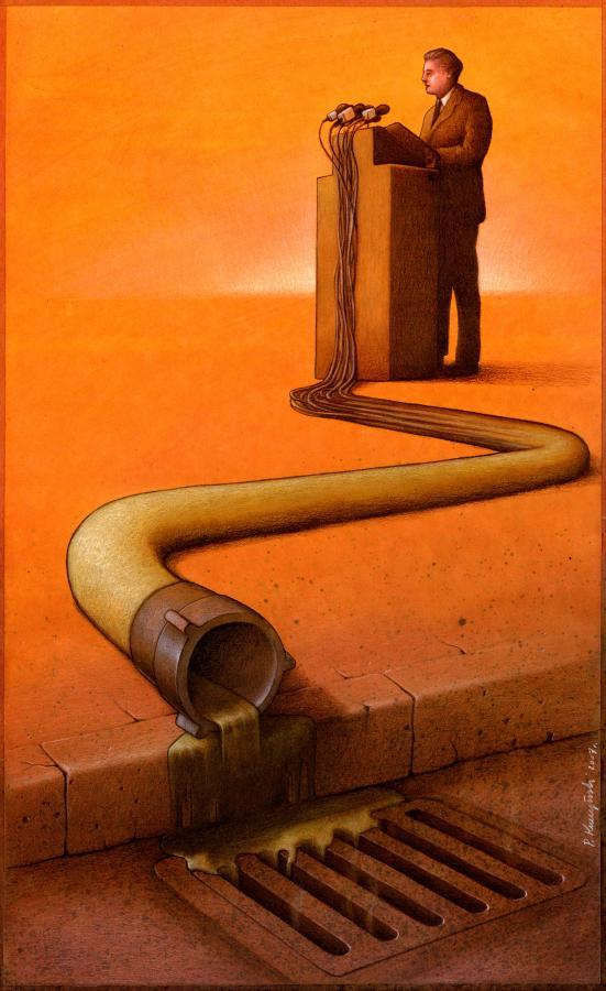 caricature pour discours politique nauséabond représentation par tuyaux partant d'une tribune vers caniveau