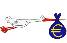 allégorie pour fonds apportés par institutions monétaires de l'U.E et F.M.I illustration avec cigogne portant sac bleu marqué euro