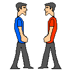 illustration par personnages, maillot bleu ou rouge, se frappant  coup de poing