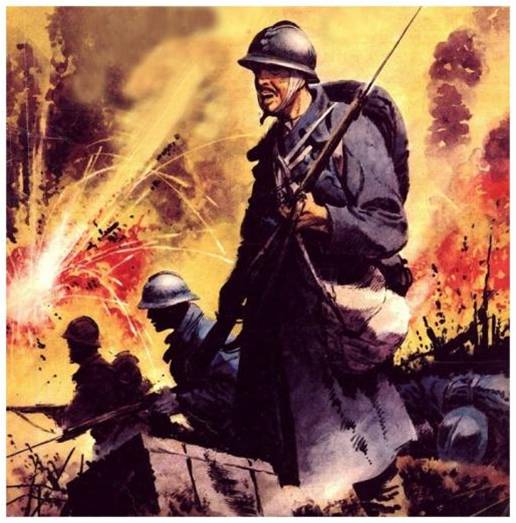 évocation des horreurs de la Guerre comme la -Der des ders- ! illustration avec soldats français sous le Feu en 1914-1918