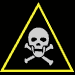 symbole pour danger mortel d'un conditionnement bestialisant illustration avec triangle de danger, tête de mort pivotante sur fond noir