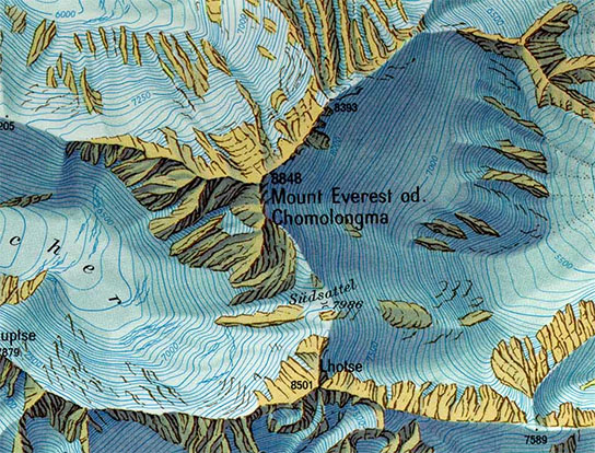 Mont Everest, carte topographique, détails du relief Mont Everest, carte topographique, détails du relief
