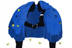 symbole pour noirceur de la troïka : UE, BCE et FMI illustration avec caricature de comploteurs sous drapeau européen