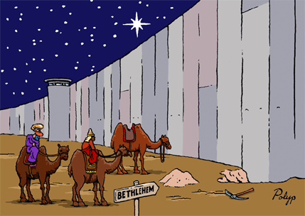 évocation du mur de séparation entre territoires palestiniens illustration avec rois mages creusant un passage sous mur vers Bethlehem