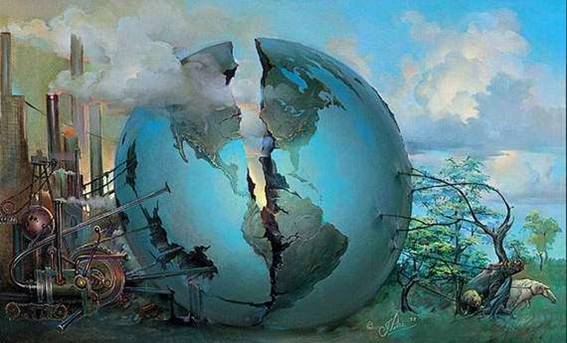allégorie pour la planète Terre saccagée illustration par oeuvre d'art montrant Terre déchirée entre industrie et nature