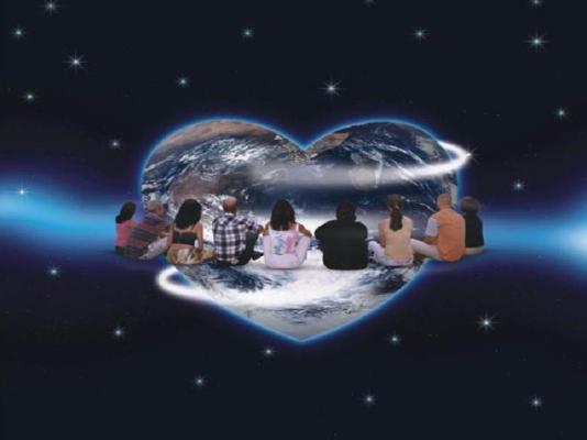 illustration avec couples d'humains assis autour de la Terre en forme de coeur