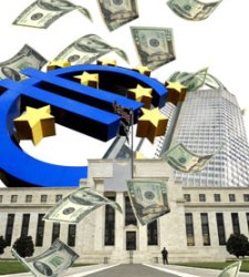 symbole pour les agapes de la finance illustration par pluie de billets émis par BCE et FED