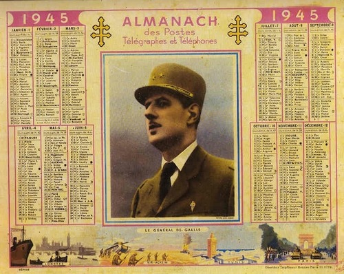 évocation de la Résistance et victoire de 1945 pour les Français illustration par calendrier de la Poste RF avec effigie de Charles de Gaulle