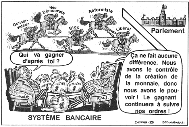 caricature de la réalité du pouvoir de la Finance sur les politiques dessin humoristique évoquant cynisme des financiers