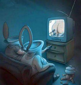 humour pour conditionnement et manipulation des esprits illustration avec dessin humoristique de WC anthropomorphes devant TV