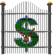symbole pour contrôle de la société mondiale par la Finance illustration avec portail cadenassé par symbole vert de dollar