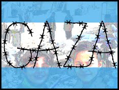 évocation des enfants enfermés dans la prison à ciel ouvert de Gaza composition avec visages enfants couverts par mot Gaza en fils barbelés