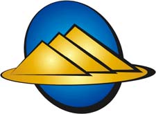 symbole pour systèmes sociaux, pyramidaux illustration avec trois monts pyramidaux, couleur or sur ovale bleu