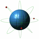 figuration d'un atome, noyau bleu tournant et jeu d'lectrons