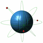 symbole pour énergie atomique figuration d'un atome, noyau bleu tournant et jeu d'électrons