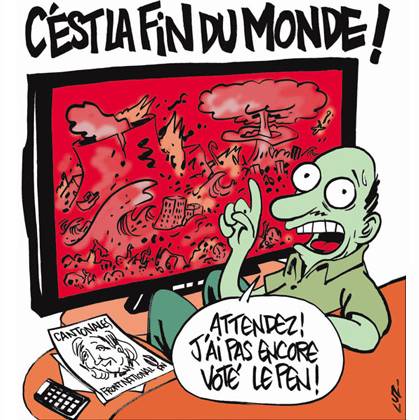 humour pour simpliste sensible aux sirènes d'extrême-droite illustration par téléspectateur vert, lepeniste voyant la fin du monde