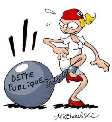 humour pour endettement structurel de la République Française illustration par Marianne française, boulet au pied ; dessin de Michaelski