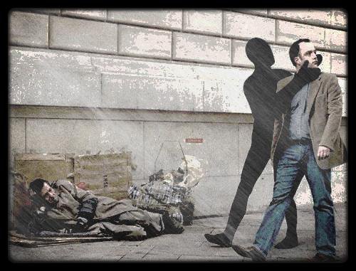 évocation du chacun pour soi, triomphe de l'indifférence illustration par passant, détourné du spectacle de la misère des autres