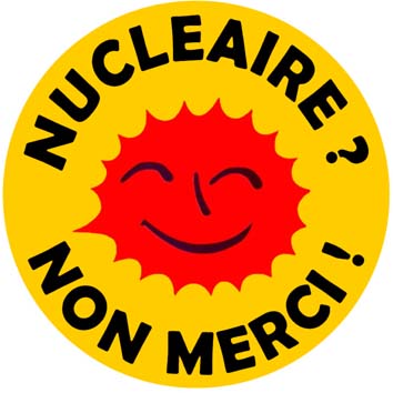 symbole de refus des activités liées au nucléaire illustration avec macaron jaune et soleil, mentionnant rejet du nucléaire