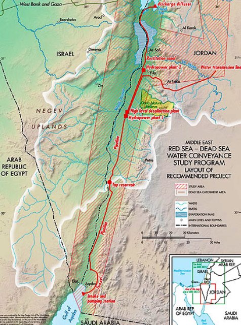 trac sur carte du projet de canal Mer Rouge - Mer Morte, entre Isral et Jordanie
