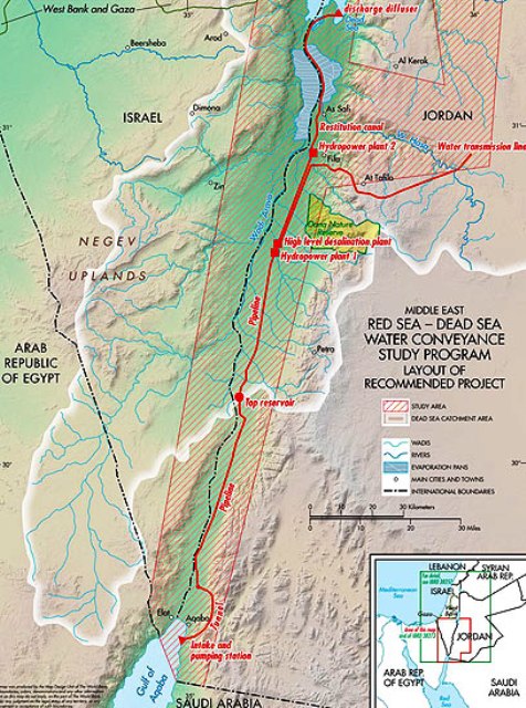 carte du projet de canal Mer Rouge - Mer Morte tracé sur carte du projet de canal Mer Rouge - Mer Morte, entre Israël et Jordanie