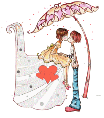illustration par couple d'enfants s'embrassant sous parasol