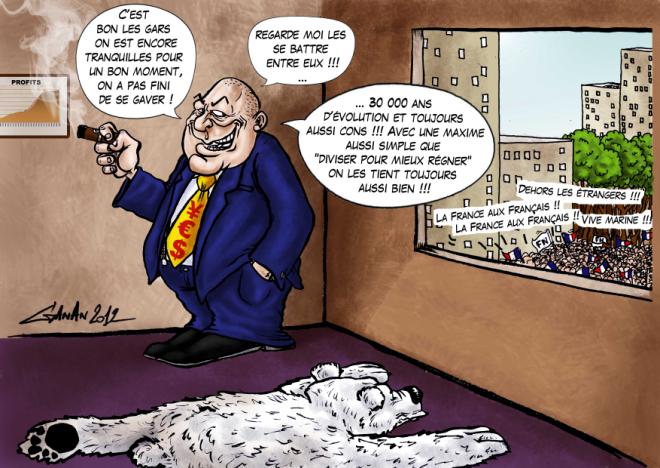 l'universalisme national d’ordre et de sécurité gagne...sous le regard goguenard de certains ! dessin humoristique avec gros capitaliste cynique se moquant de nationalistes