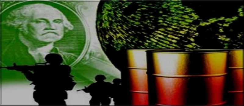 Les USA vivent à crédit sur le reste du monde par divers moyens... image composée avec G.I., figure de dollar vert et barils oranges