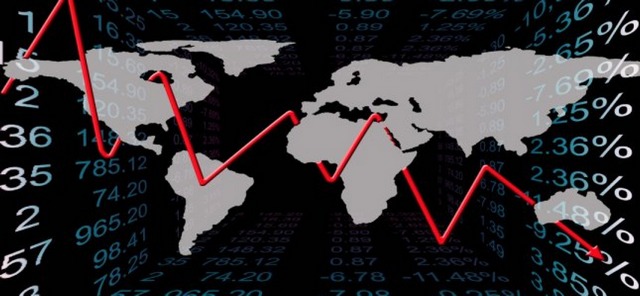 symbole pour récession, indiquant mauvais fonctionnement systémique composition imagée, avec continents gris, chiffres et indicateurs.