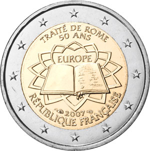 pice de 2 euros, face nationale Fr, pour saluer 50 ans du trait de Rome