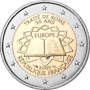 commémoration des 50 ans du traité de Rome : pièce de 2 euros pièce de 2 euros, face nationale Fr, pour saluer 50 ans du traité de Rome