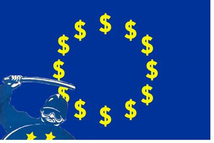 évocation de la sauvagerie du capitalisme drapeau avec policier matraqueur et symbole de monnaie