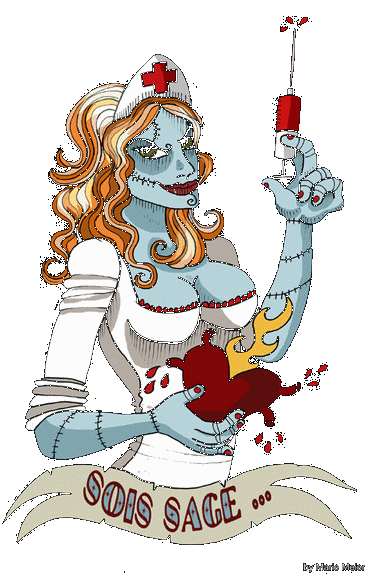 évocation du traitement de choc de l'austérité budgétaire... caricature de robot infirmière, tenant viscère et seringue à la main