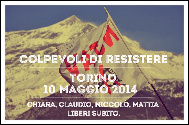 1- mouvement d'opposition au TAV , affiche pour libération camarades affiche avec banderole et sommet des Alpes italiennes en fond