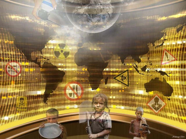 évocation du monde dévasté que peut léguer la croissance économique... montage d'image avec symboles de danger et enfants en difficulté