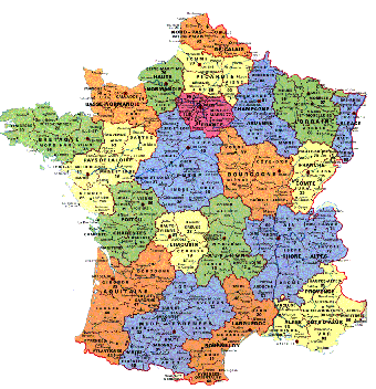 Carte de France avec divisions rgionales, colores, et dpartements