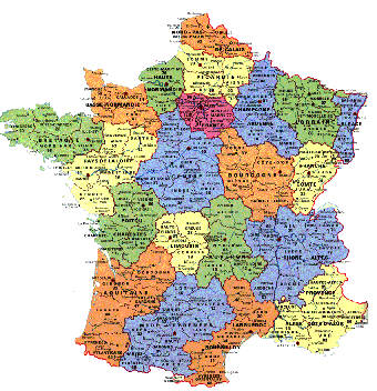 Carte de France et divisions administratives en couleurs Carte de France avec divisions régionales, colorées, et départements