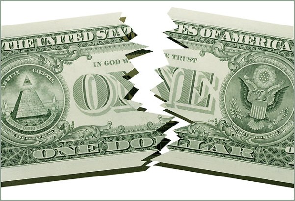 illustration avec billet d'un dollar US, dchir en deux