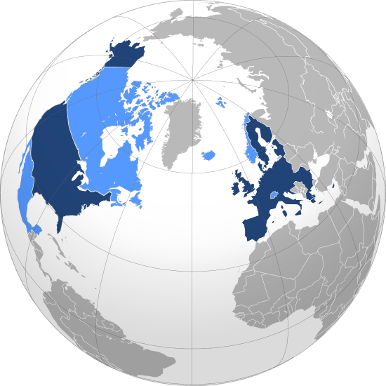 globe terrestre indiquant en bleu les zones de libre-change transatlantique, TAFTA