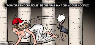 Allégorie pour valeurs démocratiques bafouées par les esclaves de la Finance dessin humour montrant Marianne, allégorie de la RF, violemment expulsée