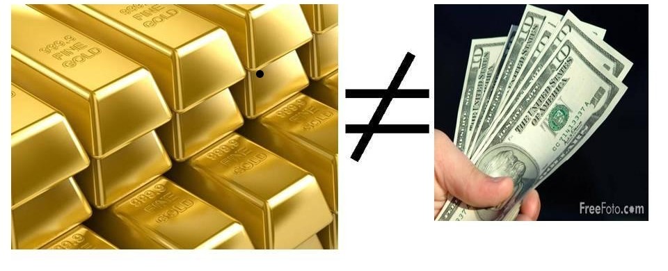 montage image justaposant lingots d'or et poigne de dollars en billets