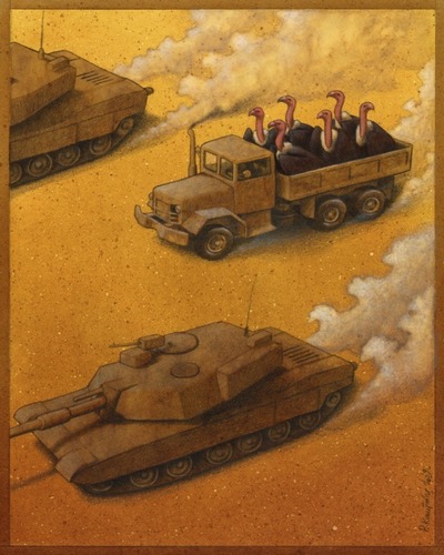 illustration avec chars et camion charg de vautours