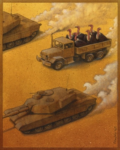 Caricature des profiteurs de guerre illustration avec chars et camion chargé de vautours