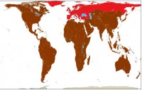 planisphre avec zones du Groenland, Europe et Russie en rouge