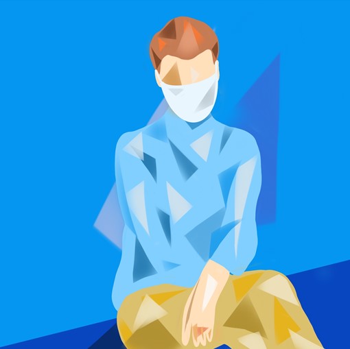 Du mal à transmuter sa colère en quelque chose de positif, il est temps...éveillons-nous ! ... Image d'art d'une jeune femme masquée, songeuse, sur fond bleu.