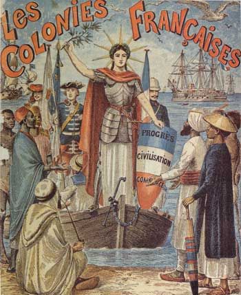 aujourd’hui en Europe, il y a les descendants de ceux qui furent colonisés par les Européens durant deux siècles. reproduction d'affiche ancienne vantant les mérites de la colonisation par la France.