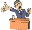 grand homme de communication en exercice ! image animée d'un orateur costumé derrière pupitre brun.