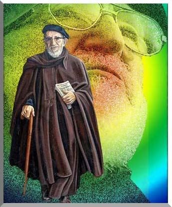 Osons défier les vrais ennemis de la Démocratie : les oligarchies et leurs instruments de domination...! Image de l' Abbé Pierre, avec canne et journal, sur sa face et fond coloré.